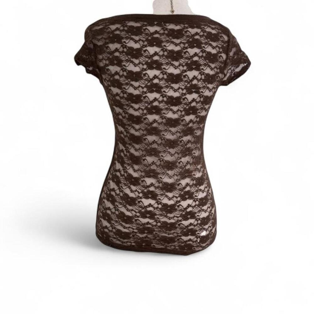 Brown Full Lace Back Fitted Short Sleeve Top Cute Pocket Detail Women Size Small